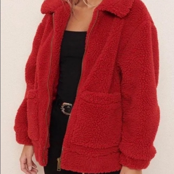 Garage Sherpa Jacket - Oversized Red Fall/Winter Coat (M-L) - Picture 5 of 12